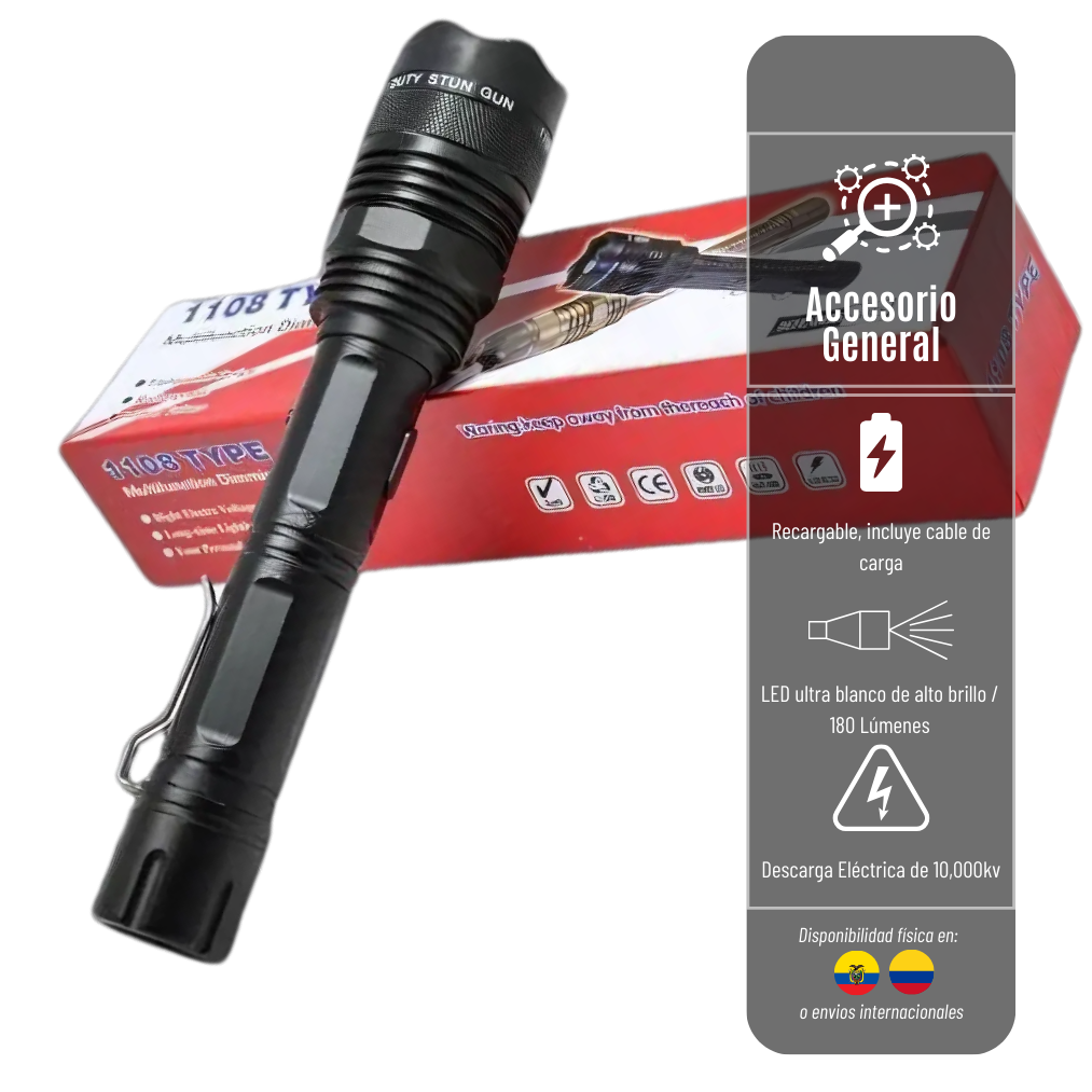 LINTERNA MULTIFUNCION 1108 DE AUTODEFENSA ELECTRICA RECARGABLE CON SIRENA INCLUIDA EAC 01-039