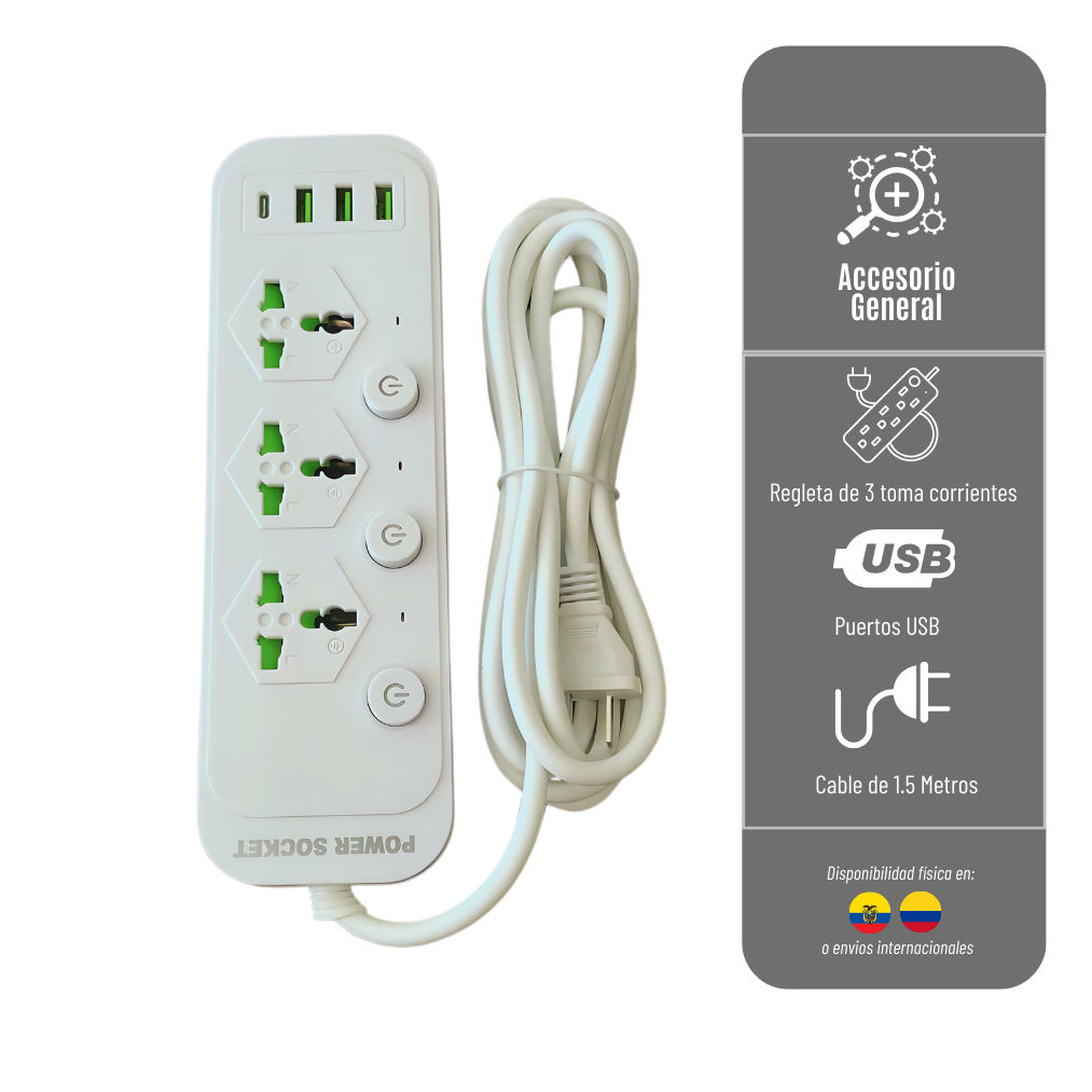 REGLETA DE 3 TOMA CORRIENTE 3 DE USB Y TIPO C REGLET-3T-3000W