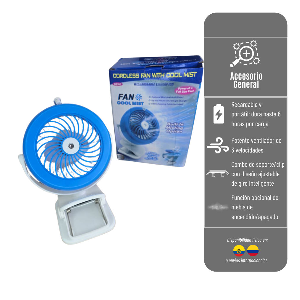 VENTILADOR RECARGABLE FAN COOL MIST PORTATIL CON AIRE FRIO CON SOPORTE AJUSTABLE  VENTILADOR-REC-AZUL