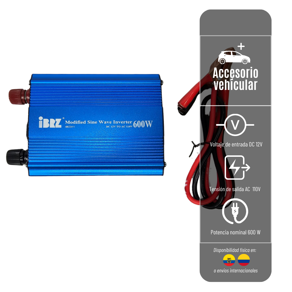 INVERSOR DE ENERGIA 600W 5-032-3 IBRZ - PARA VEHICULO CA DE CC DE ONDA SINUSOIDAL CON ENTRADA DC 12V Y SALIDA AC 110V INVERSOR-600W