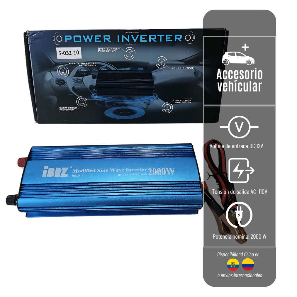 INVERSOR DE ENERGIA 2000W 5-032-10 IBRZ - CA DE CC DE ONDA SINUSOIDAL CON ENTRADA DC 12V Y SALIDA AC 110V  INVERSOR-2000W