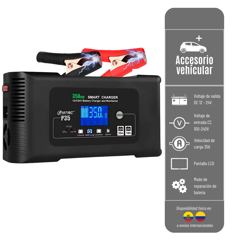 CARGADOR DE BATERIA CARG-P35 ASTHINK PORTATIL E INTELIGENTE PARA VEHICULOS DE 12V - 35A Y 24V - 18A