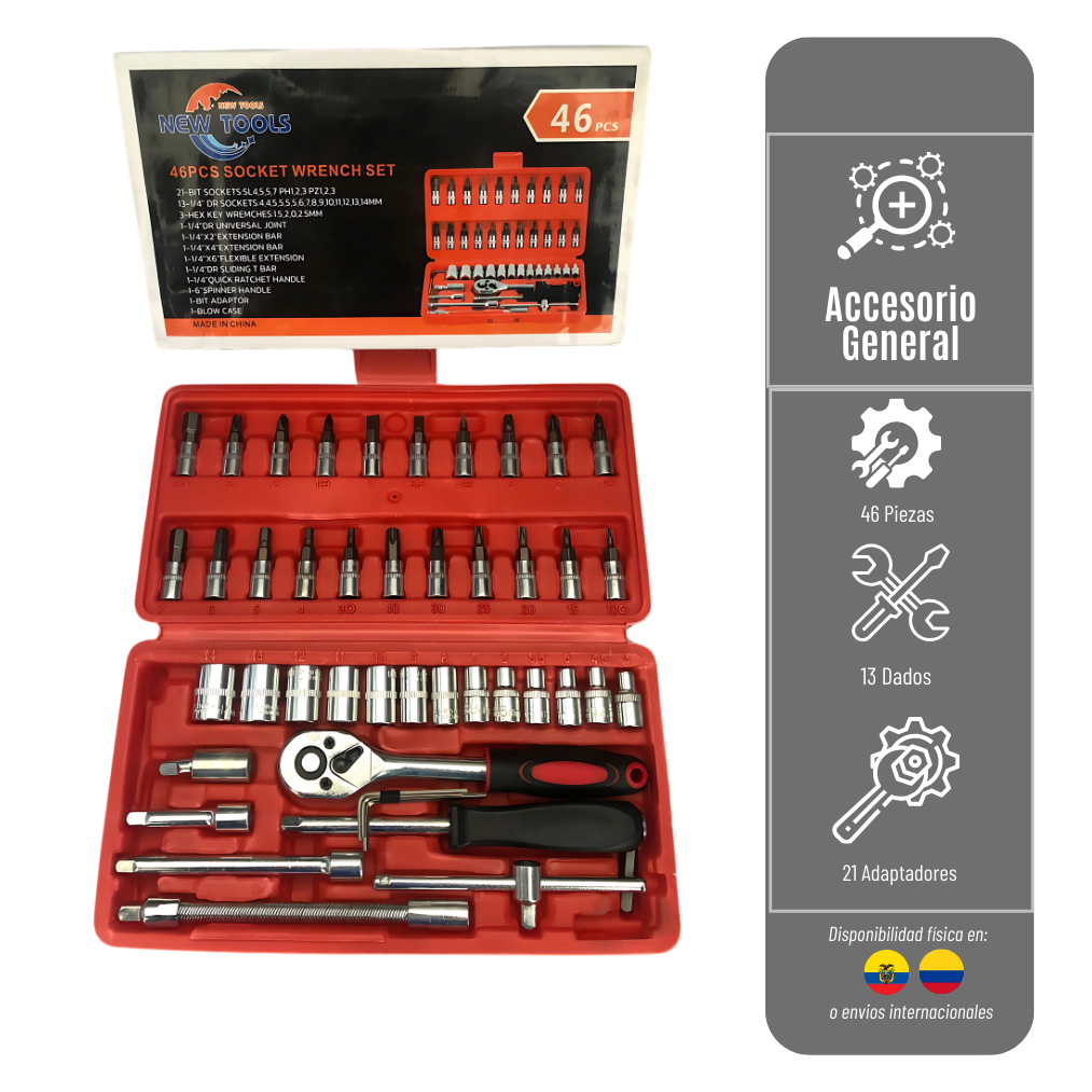 JUEGO DE HERRAMIENTAS DE TRINQUETE Y LLAVES DE VASO DE 46 PIEZAS PARA CARRO Y MOTOCICLETAS HERRAM-SG-46P