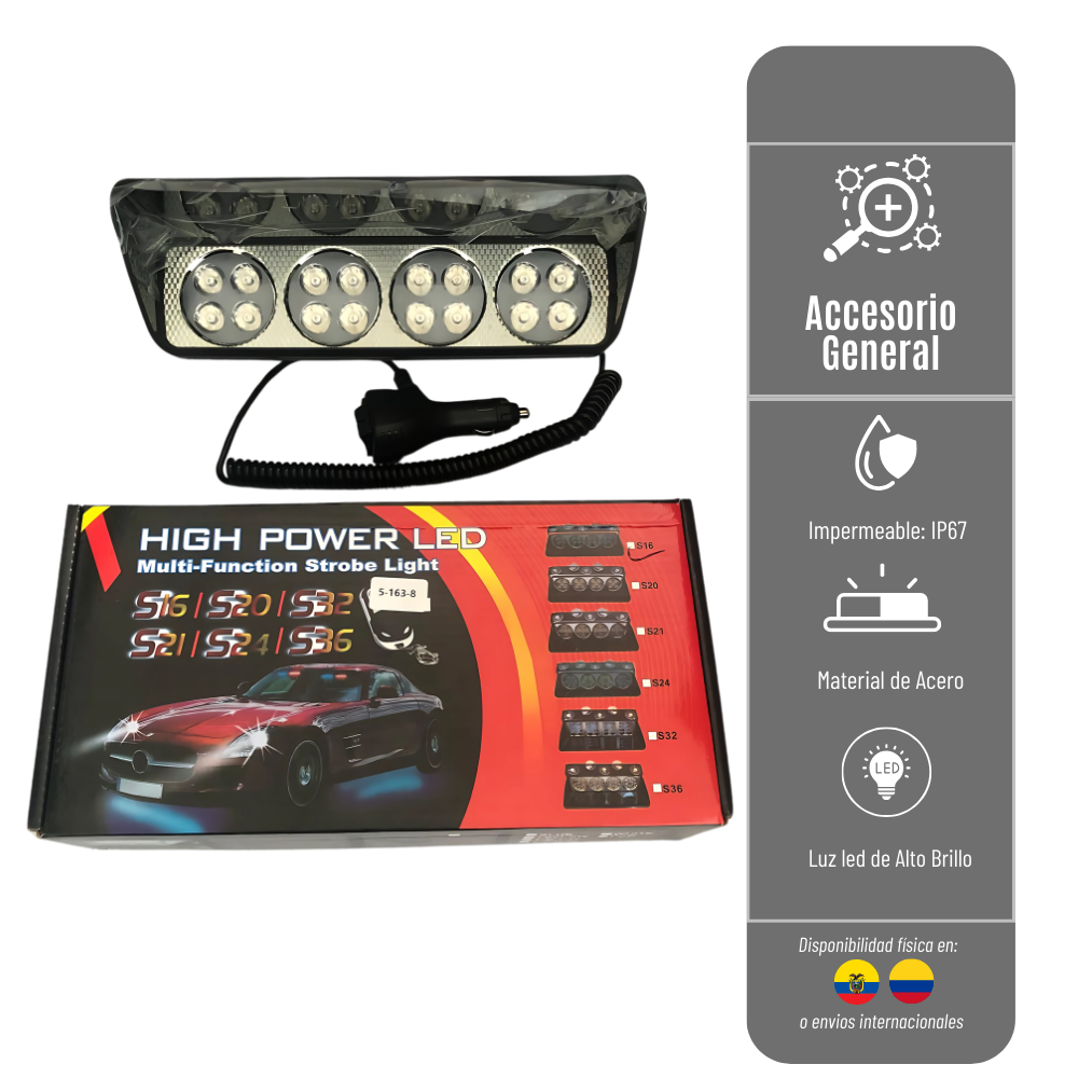 LUZ ESTROBOSCOPICA DE EMERGENCIA DE POLICIA S16 HIGH POWER LED PARA VEHICULO POLIC-5-163-8