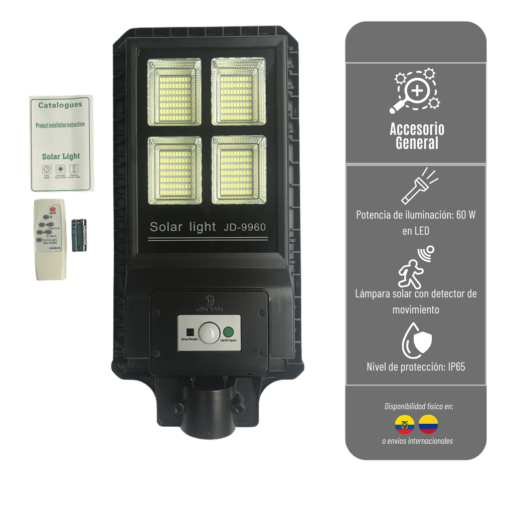 Lampara LED CON PANEL solar de 60W con control REMOTO INTELIGENTE LED-RECARG-JD-9960